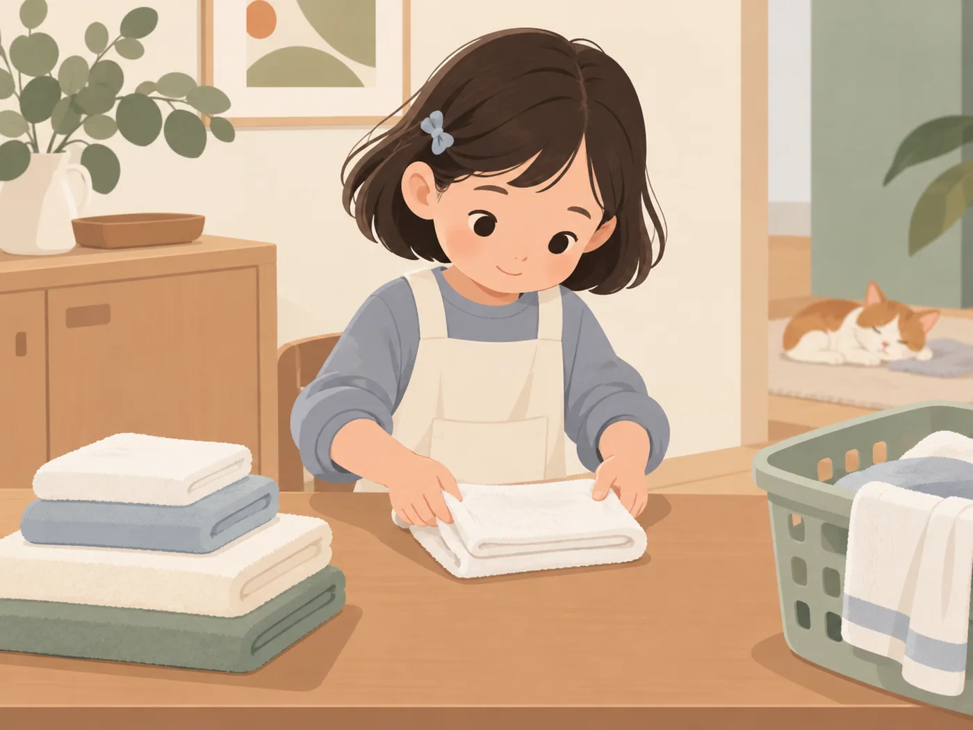 女孩独自叠毛巾,动作清楚