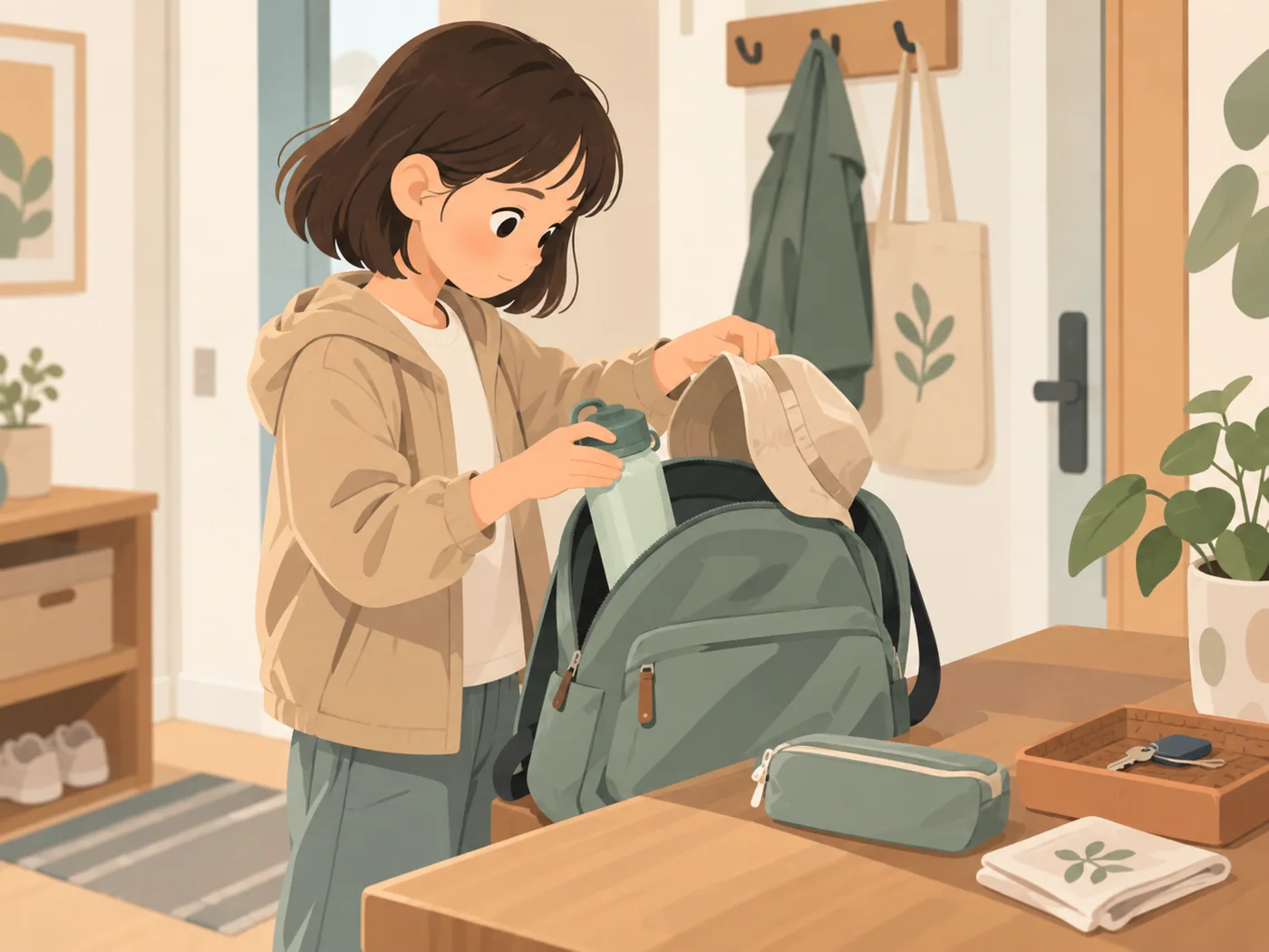 女孩在玄关把水瓶和帽子放入背包