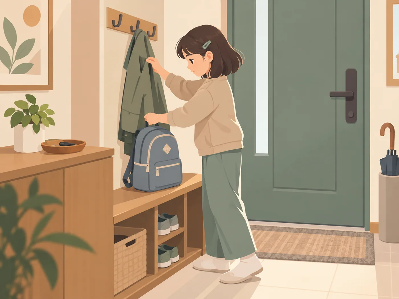 女孩在玄关整理挂着的外套和书包,为下一次外出准备物品