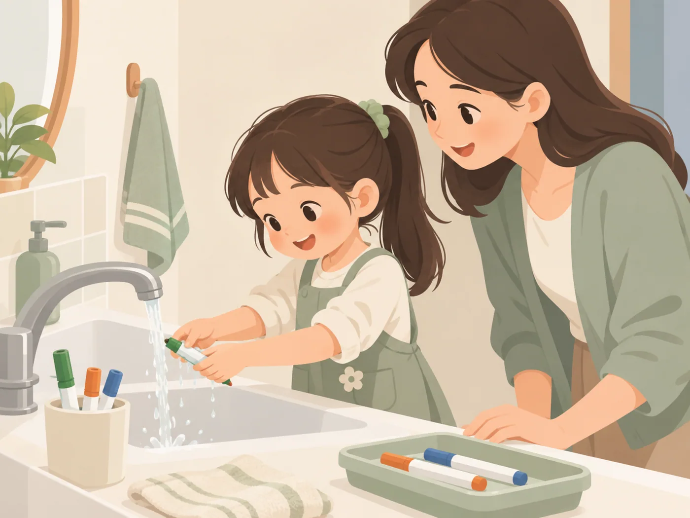 年幼女孩在水槽前双手清洗绿色画笔,成年女性站在旁边,台面上放有其他画笔。