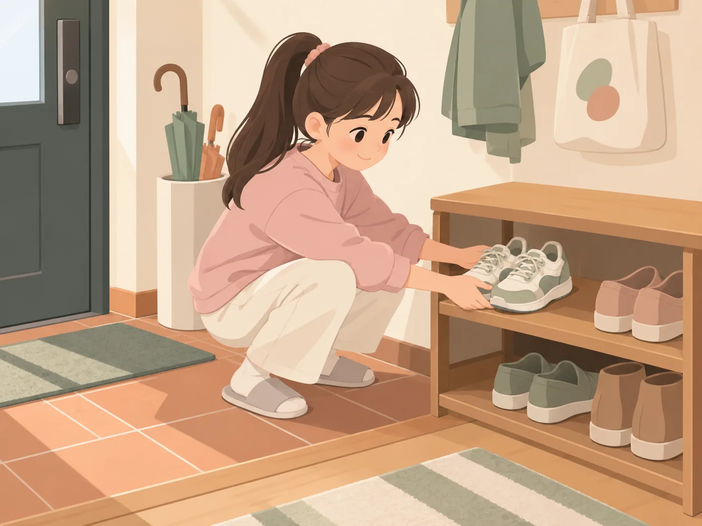 女孩在玄关蹲着双手把一双运动鞋摆回鞋架
