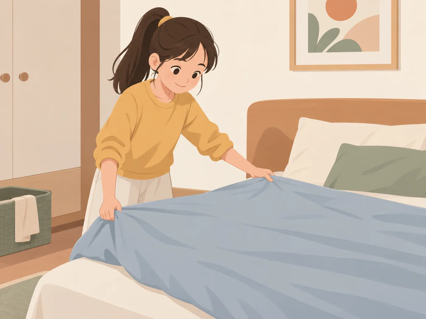 女孩站在床边双手拉整蓝色被子