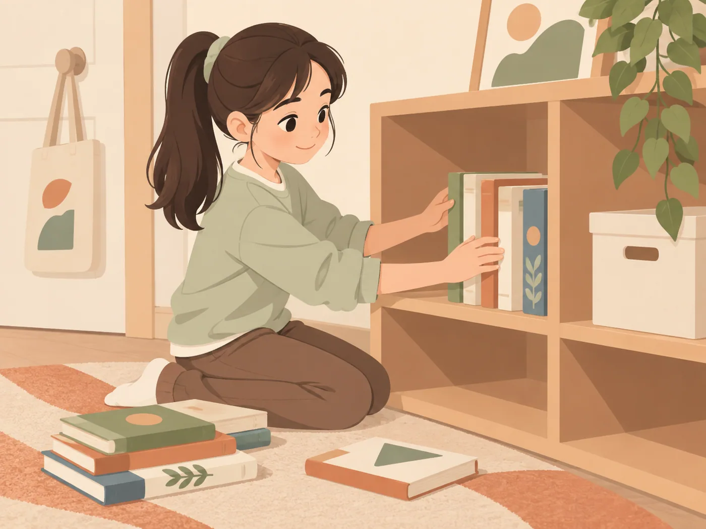 女孩跪在书架前双手整理一排书，旁边地上还有几本书