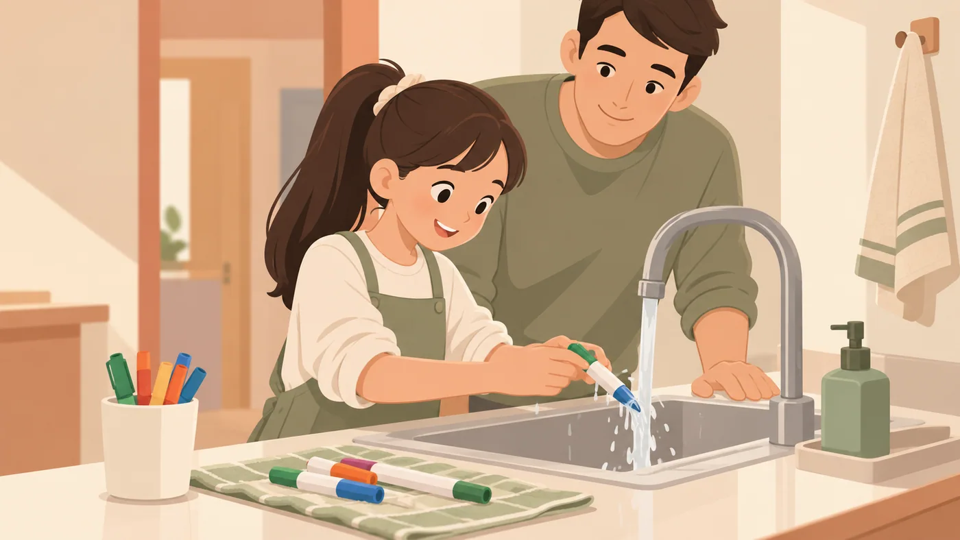 女孩双手在水槽旁清洗绘画笔具,成年男性在旁观看