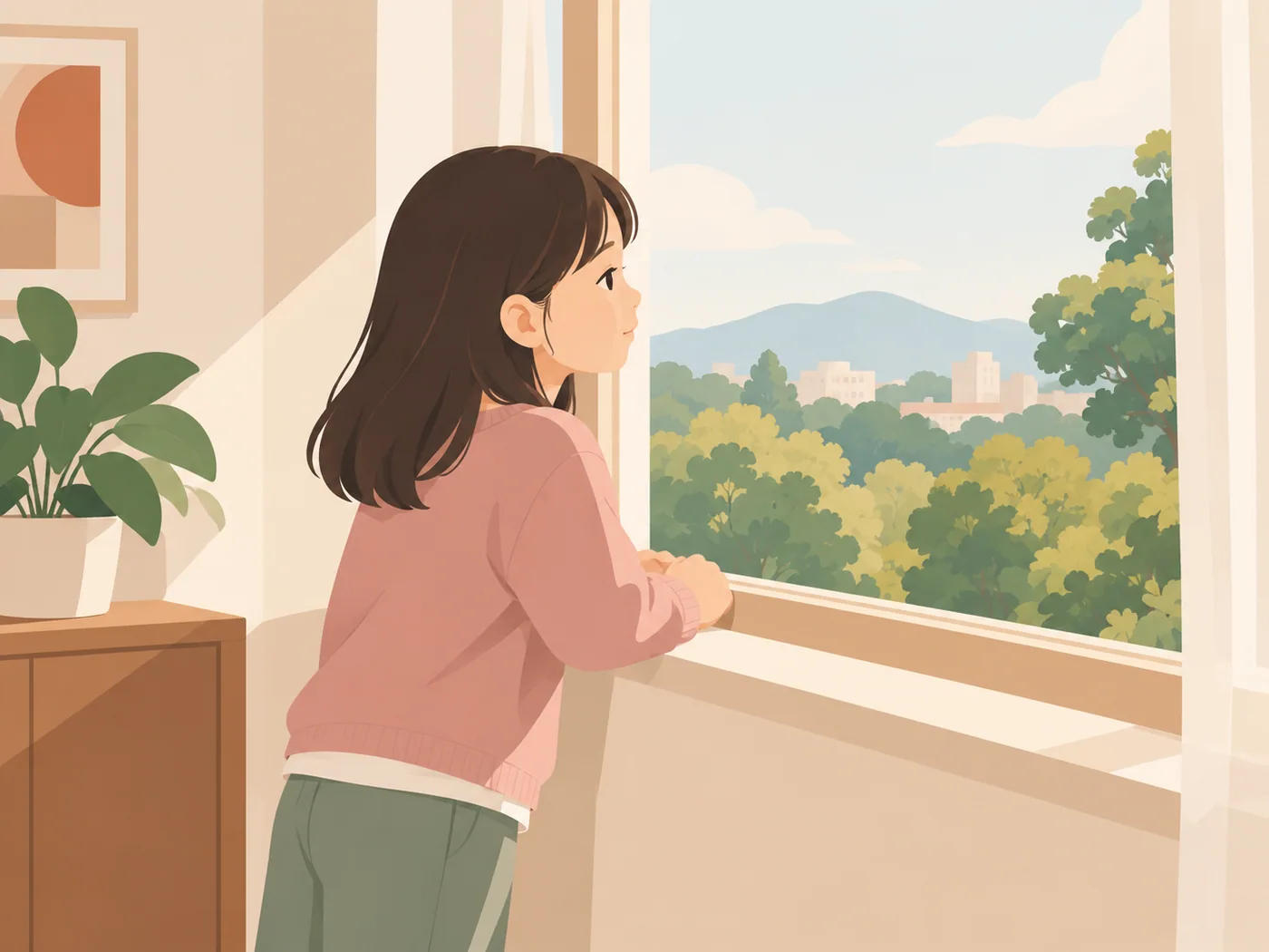 学龄女孩在室内窗边看远处树木城市,手自然放在窗台