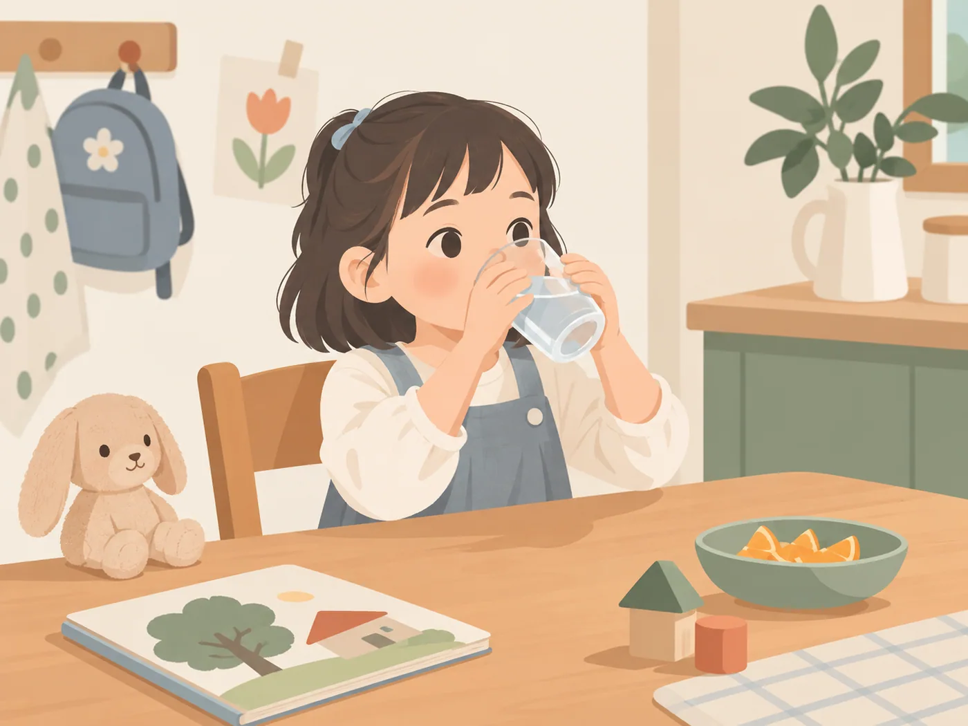 幼龄女孩双手持杯饮水，动作清楚