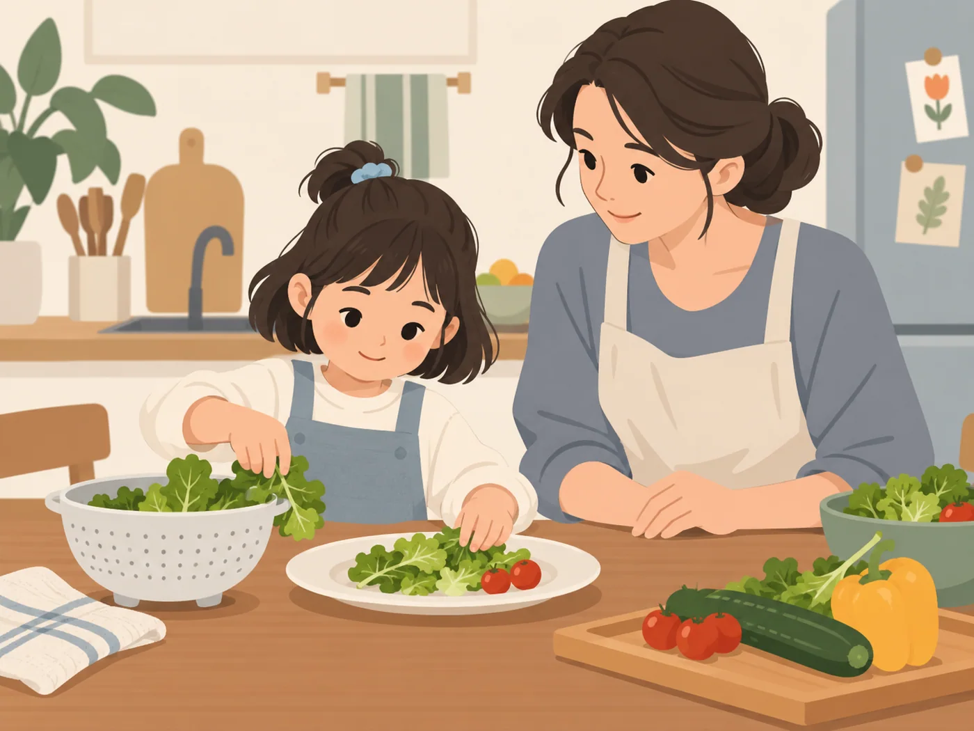 母亲陪女孩分拣蔬菜摆盘，动作自然