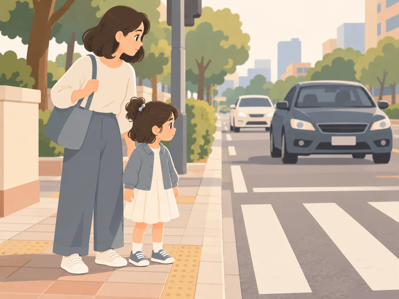 母亲与女孩停在人行道上观察来车,未进入道路