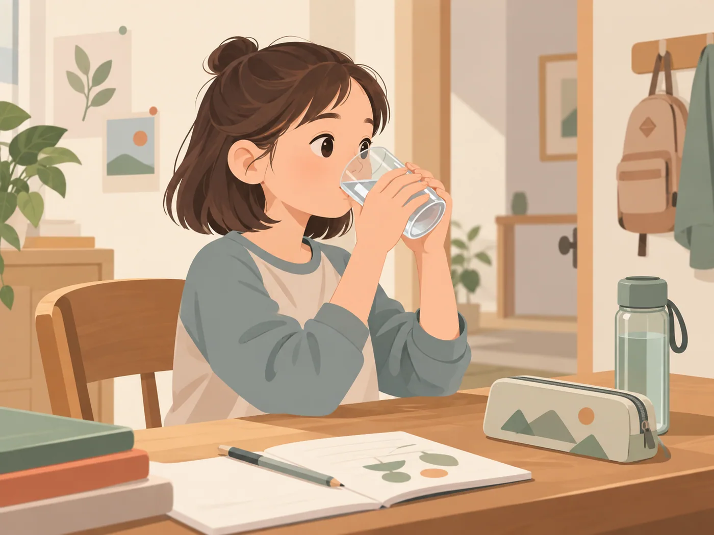 女孩双手持杯喝清水，旁边是学习用品