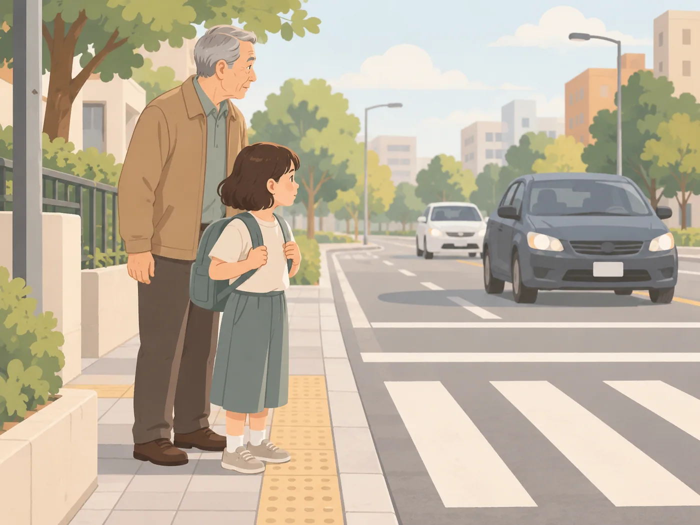 女孩与祖父站在人行道斑马线前观察车流，两人未进入车道，人物自然。