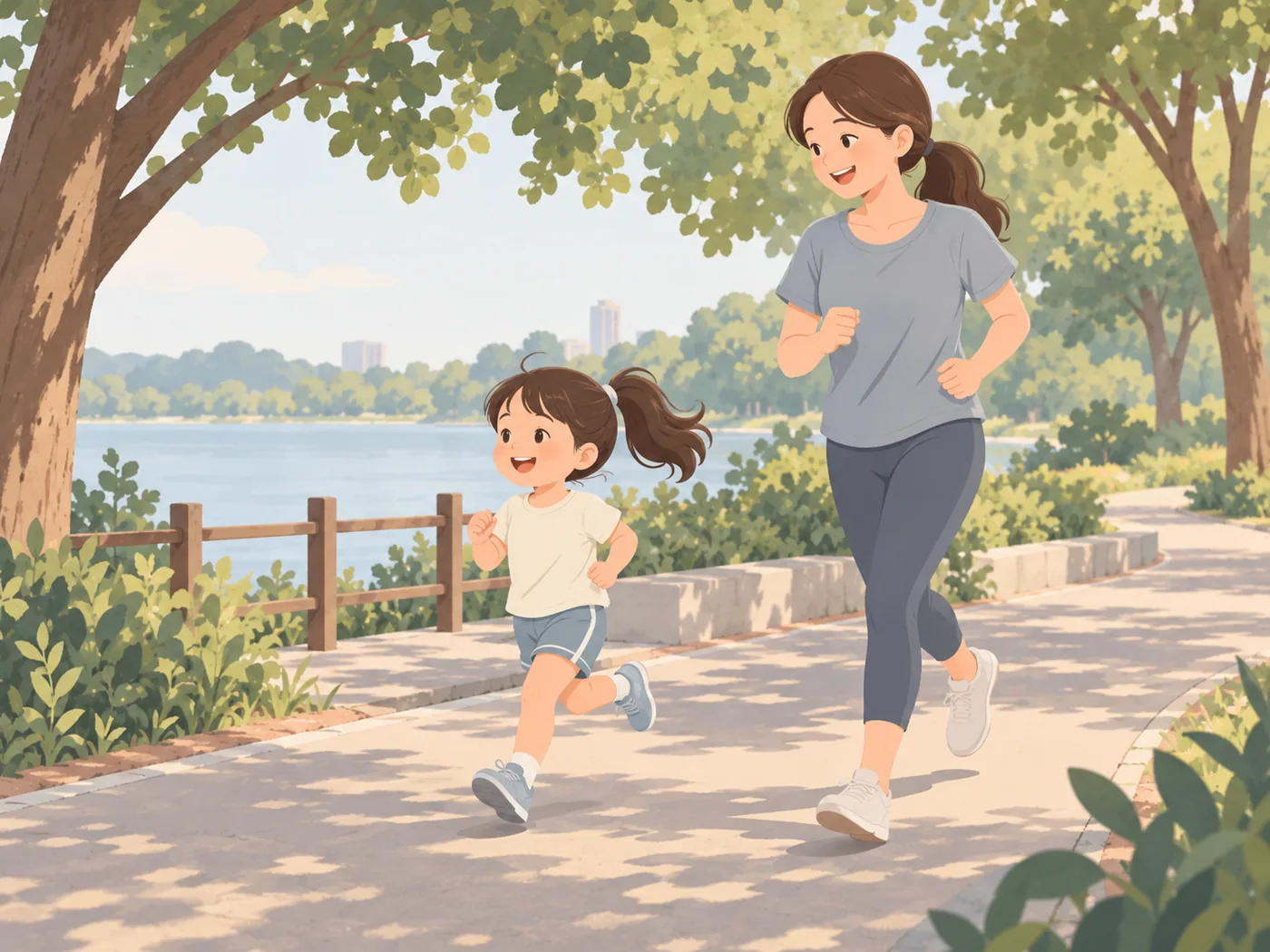 幼年女孩与成年女性在湖边有护栏的步道上慢跑