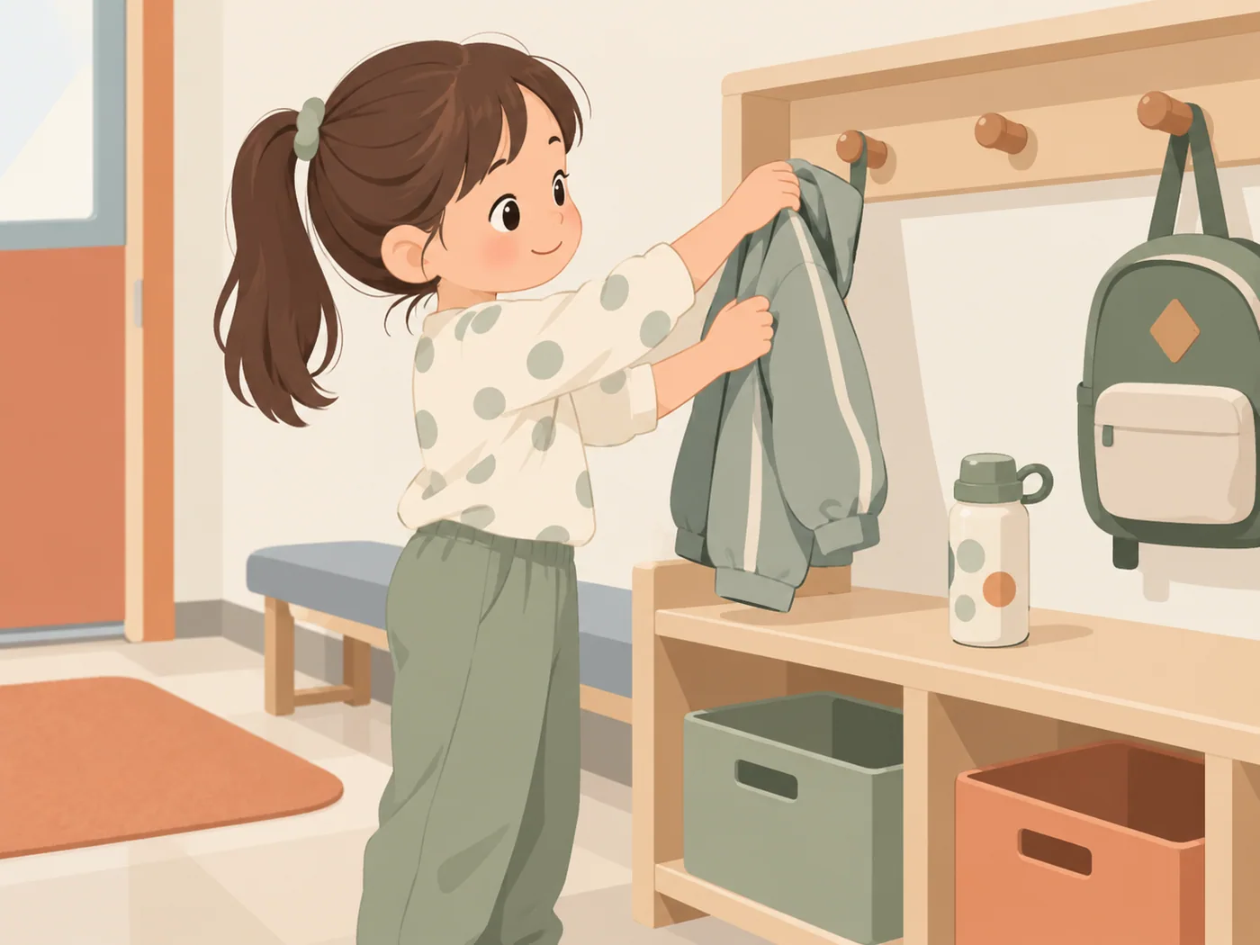 年幼女孩双手拿着外套向低挂钩靠近，旁边放有水杯和书包。
