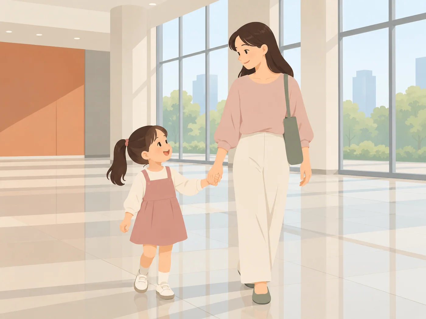 女孩与成年女性在空旷明亮大厅牵手走动，两人各另一只手垂下