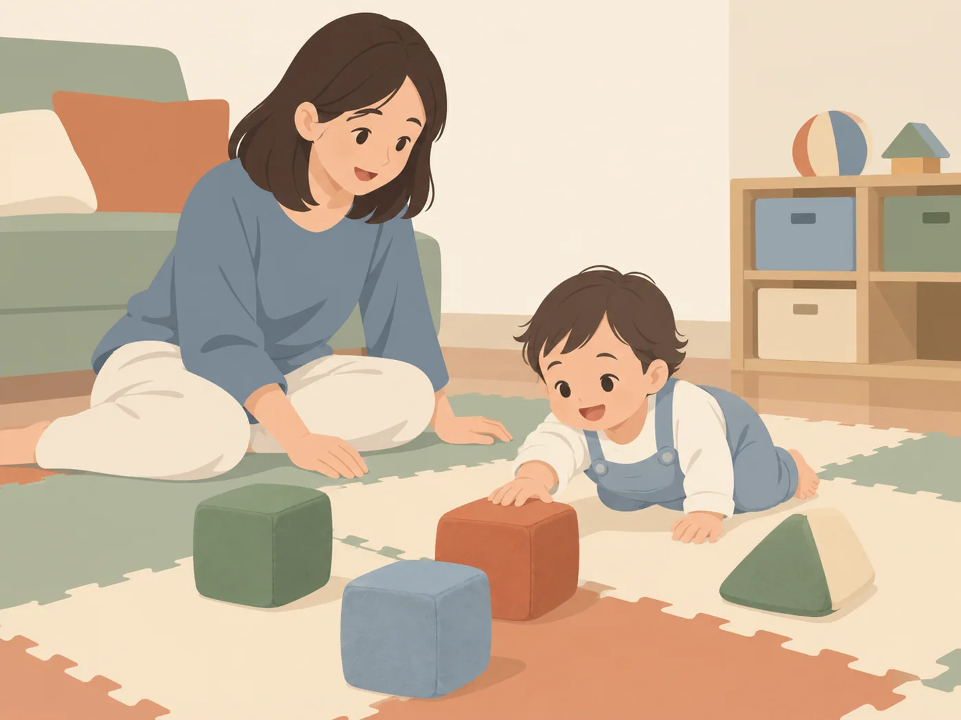 幼儿在拼接地垫上爬向大软积木，一手触摸橙色软块另一手支撑地垫