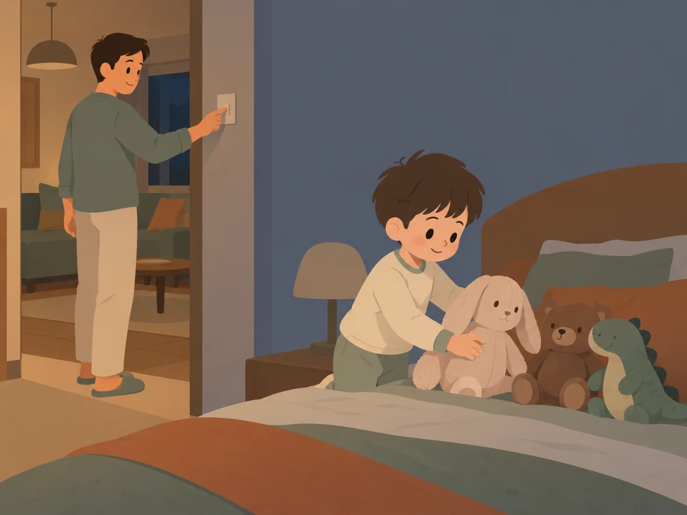 男孩在床上扶着兔子毛绒玩具，成年男性站在门口按墙面开关