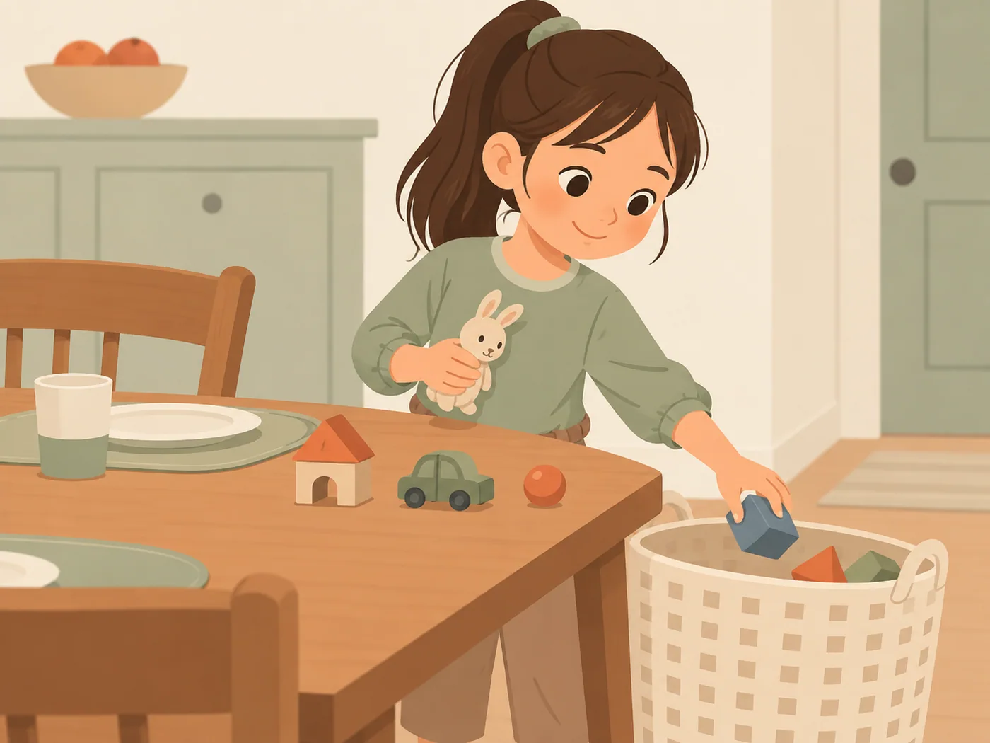 女孩一手拿着玩具兔，另一手把积木放进餐桌旁的篮子