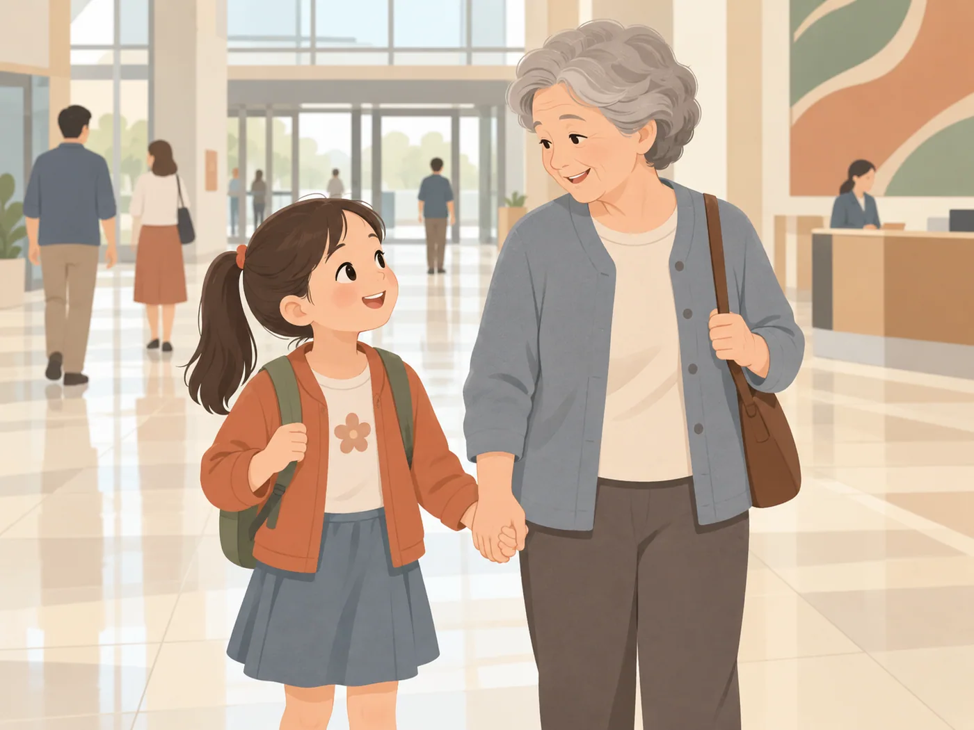 女孩与灰发祖母在公共大厅里牵手同行并交流,背景可见其他行人和接待台。