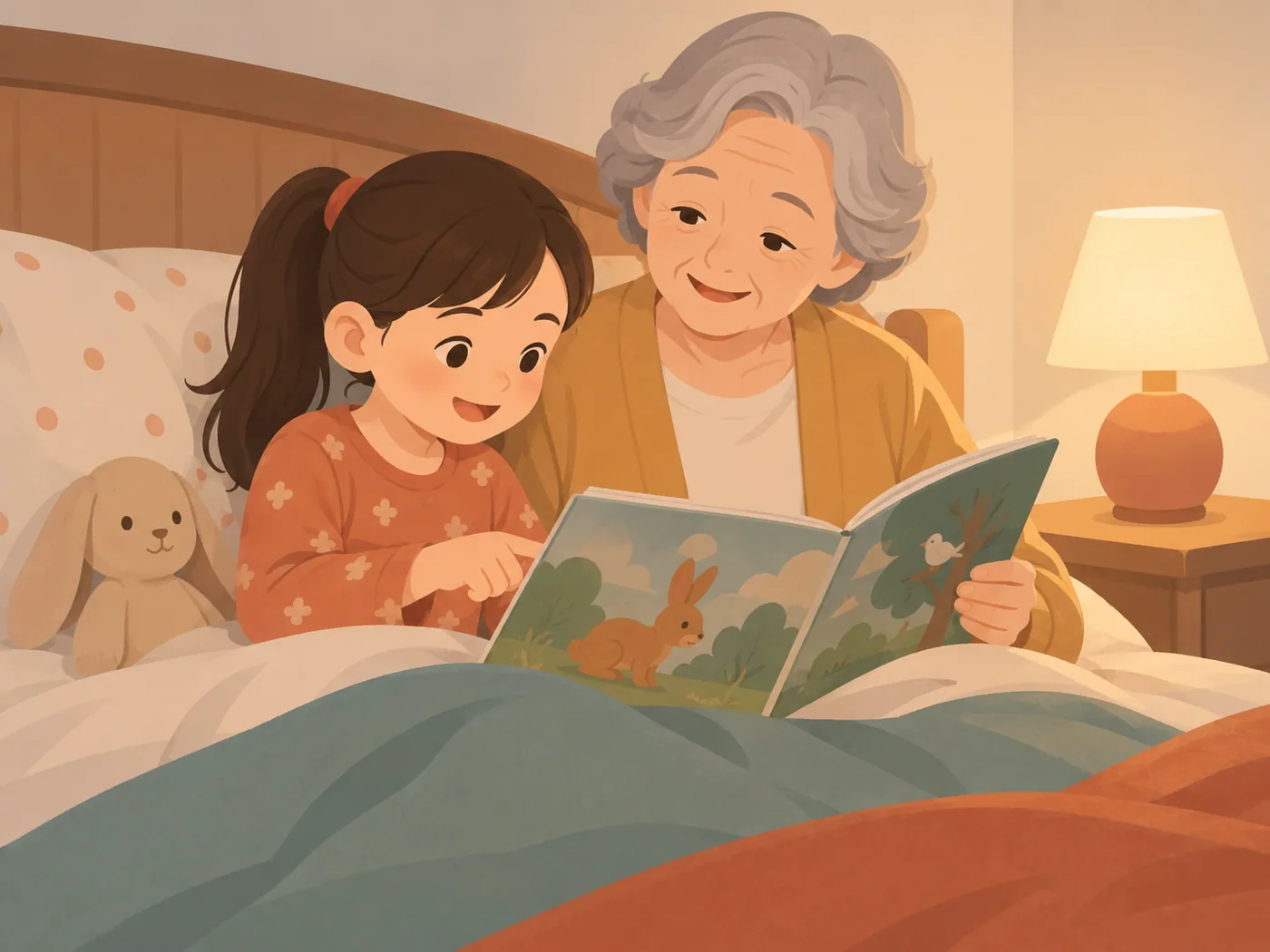 女孩与灰发祖母在床边共同看图画书,女孩指向书页,旁边亮着台灯。