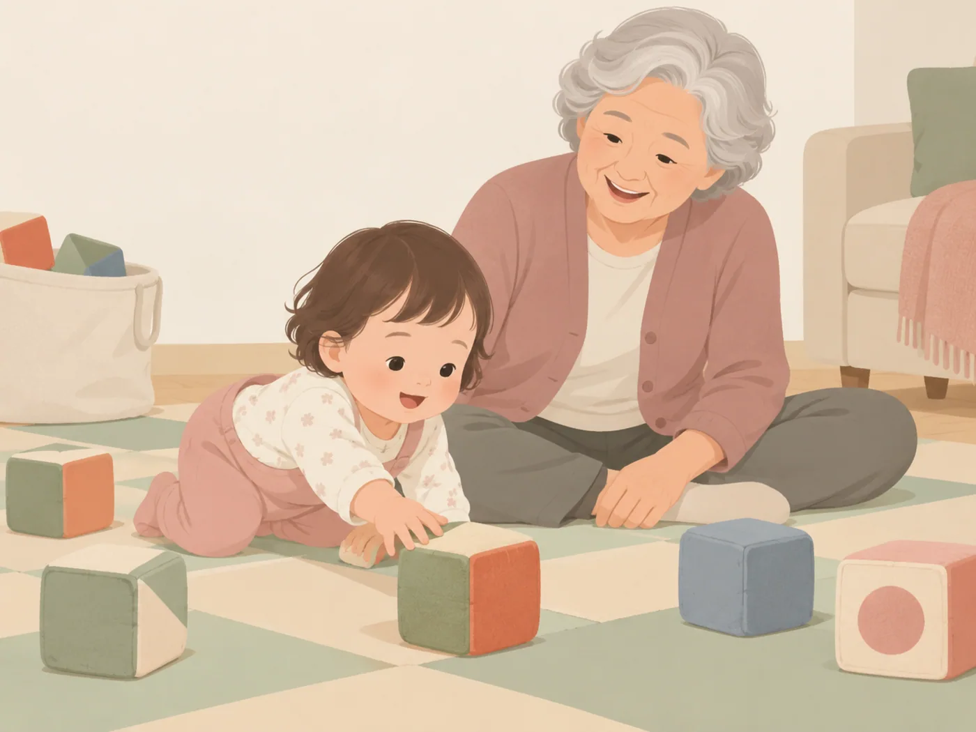 宝宝在地垫上伸手碰大块软积木,灰发年长女性坐在旁边陪伴。
