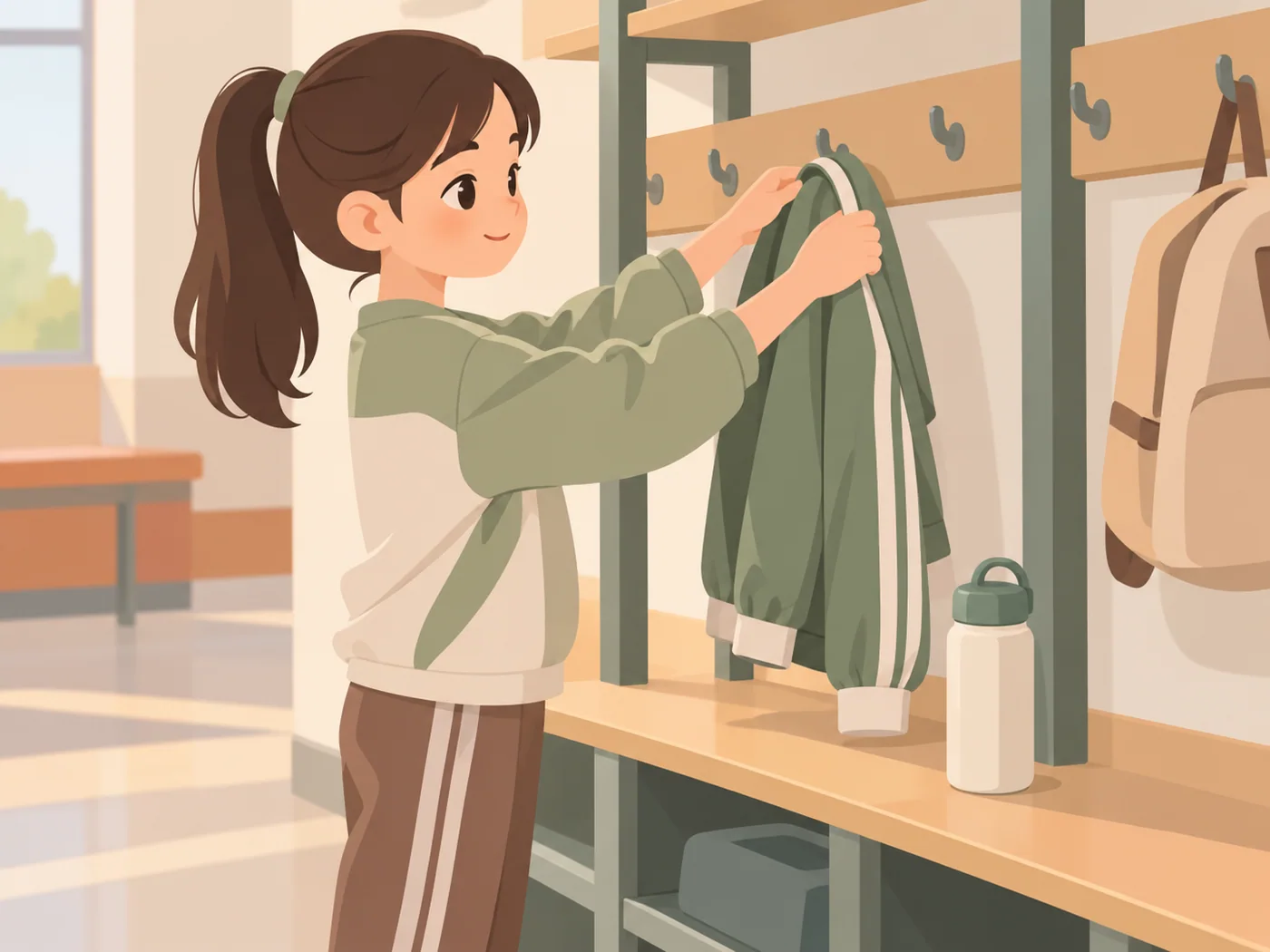 女孩穿运动服站在挂钩架前，双手把运动外套挂上挂钩，旁边有背包和水瓶。