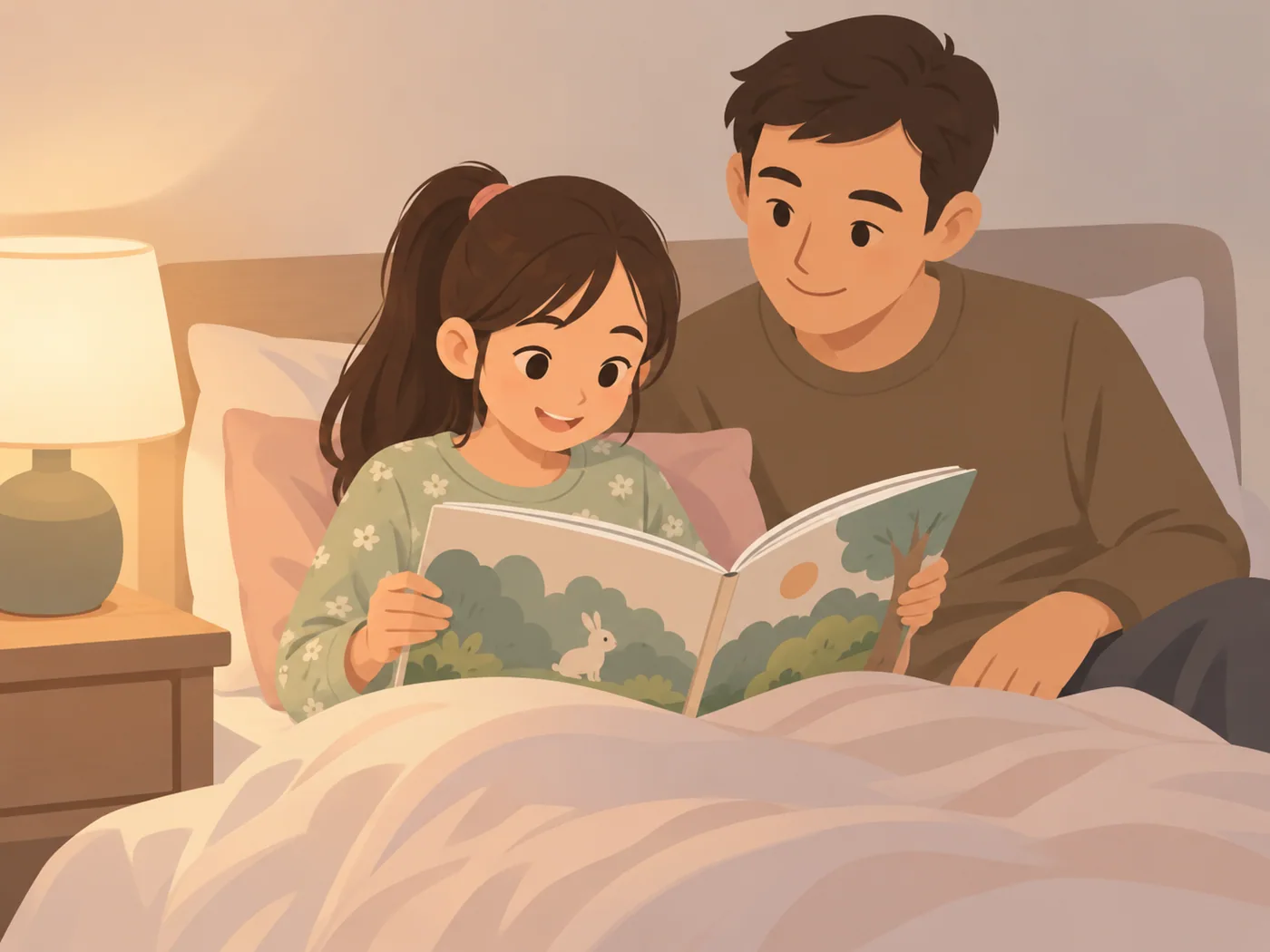 女孩双手捧书坐在被子下，成年男性坐在旁边共同观看，旁边亮着台灯