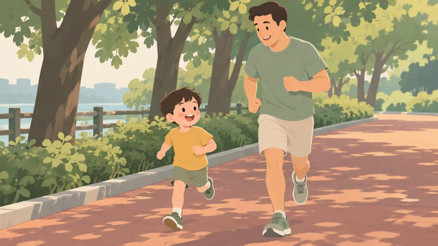 男孩与成年男性在湖边宽步道上一起轻跑,双臂自然弯曲,背后有护栏和树。