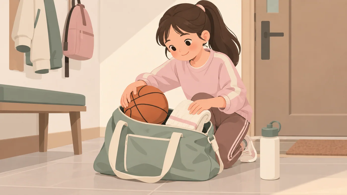 女孩蹲在运动包旁，一手扶篮球、一手扶毛巾，旁边放着水瓶