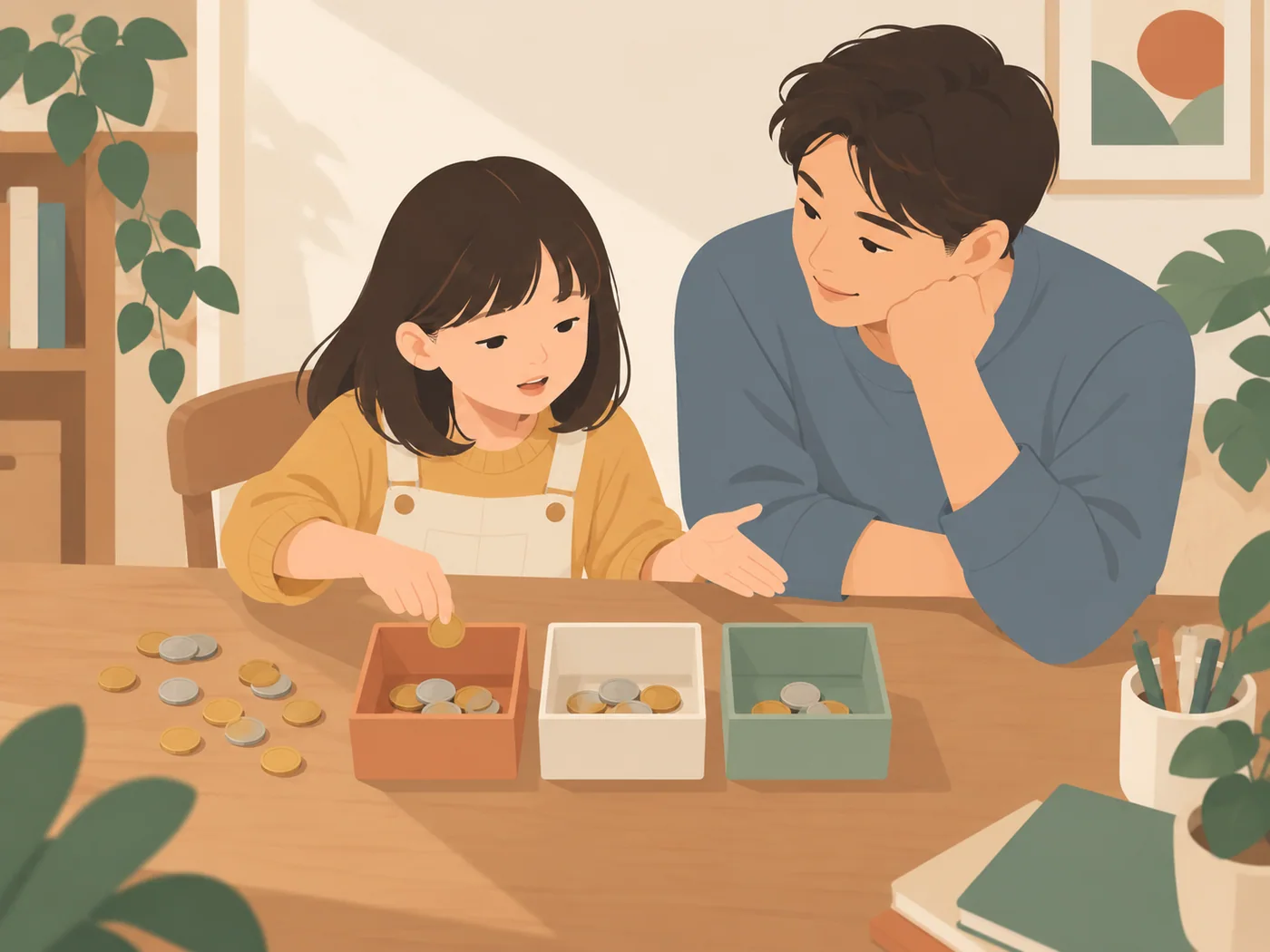 学龄女孩把硬币分进三个盒子，父亲听她讲解，无标签数字