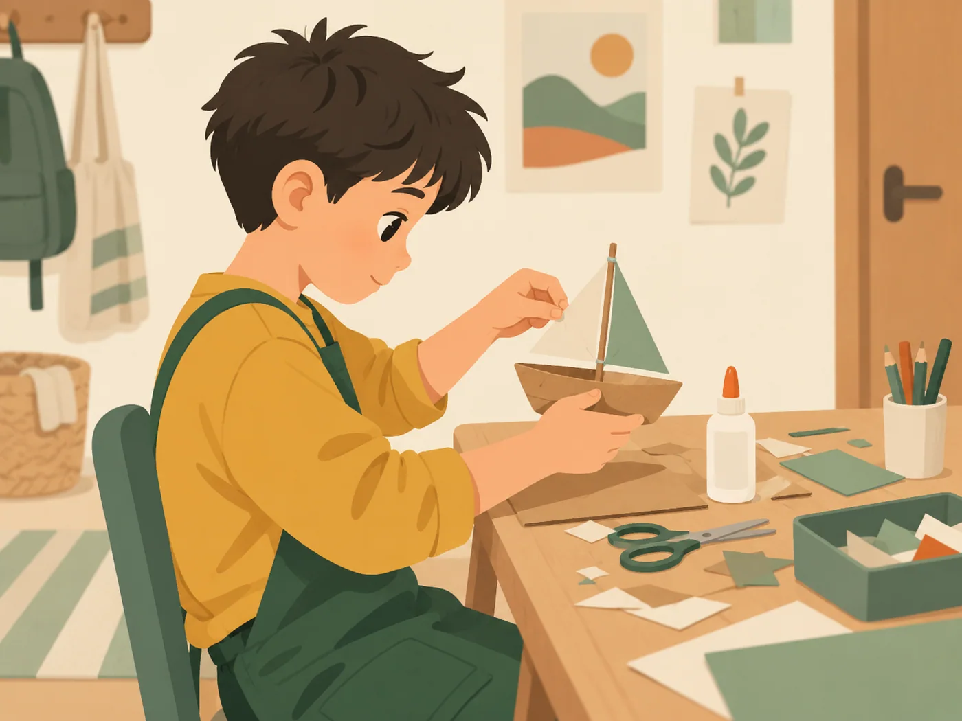 男孩独立制作纸板帆船