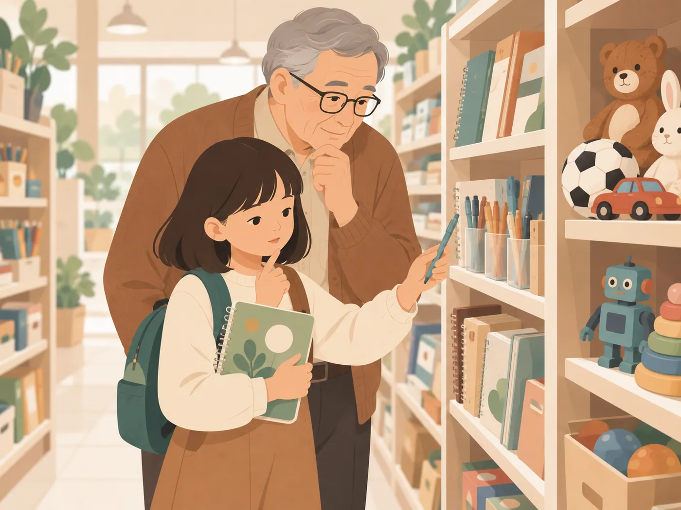 女孩与祖父在商店比较文具和玩具，人物正确