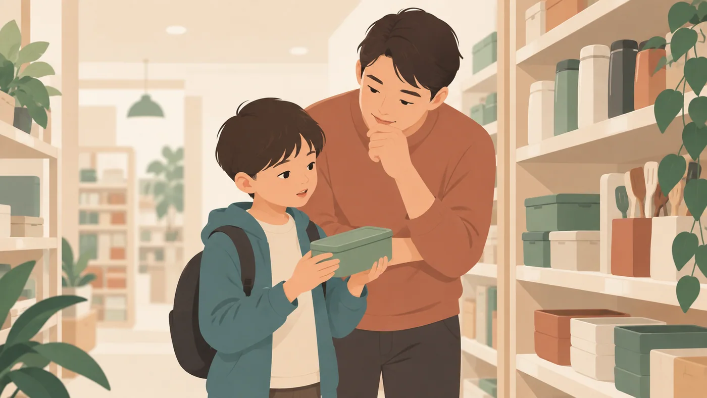 学龄男孩在商店货架前拿普通收纳盒与父亲商量，无价格或品牌文字