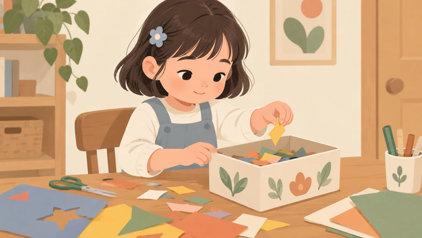 女孩把剩余彩纸收回盒子供再次使用