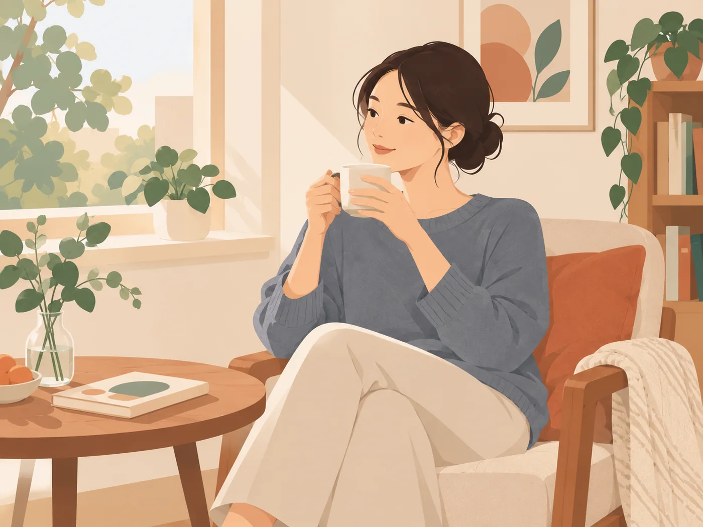 成年女性独自坐在窗边喝水休息，无儿童或伴侣