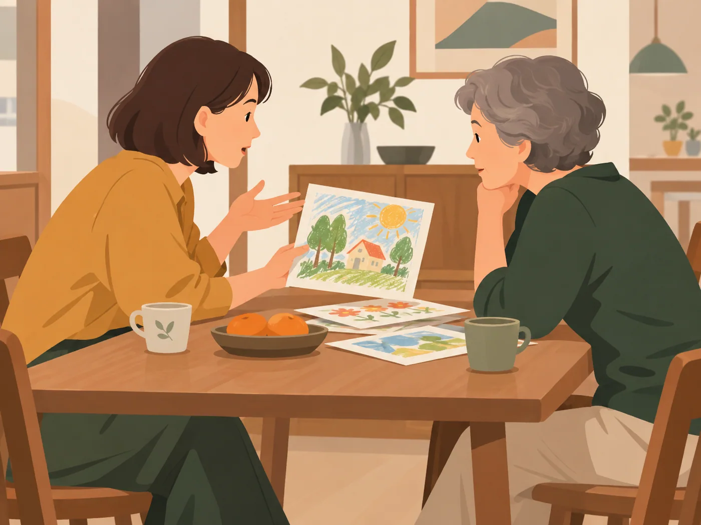 成年女性与灰发女性围绕孩子画作交流，人物手部自然。