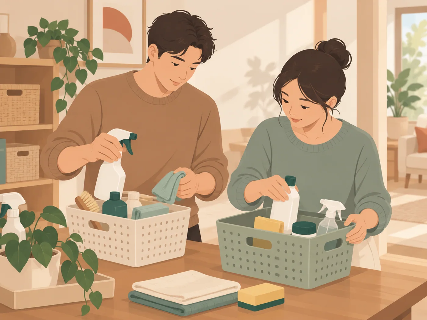 成年父母合作整理清洁用品