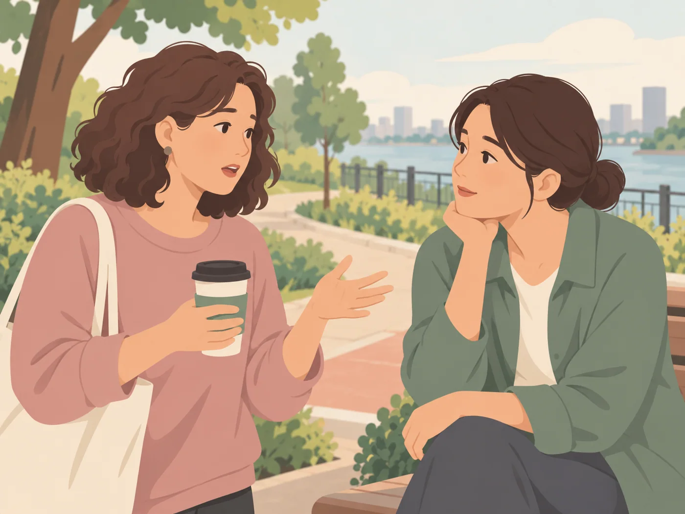 两位成人女性在河边交谈，一位持杯表达一位倾听