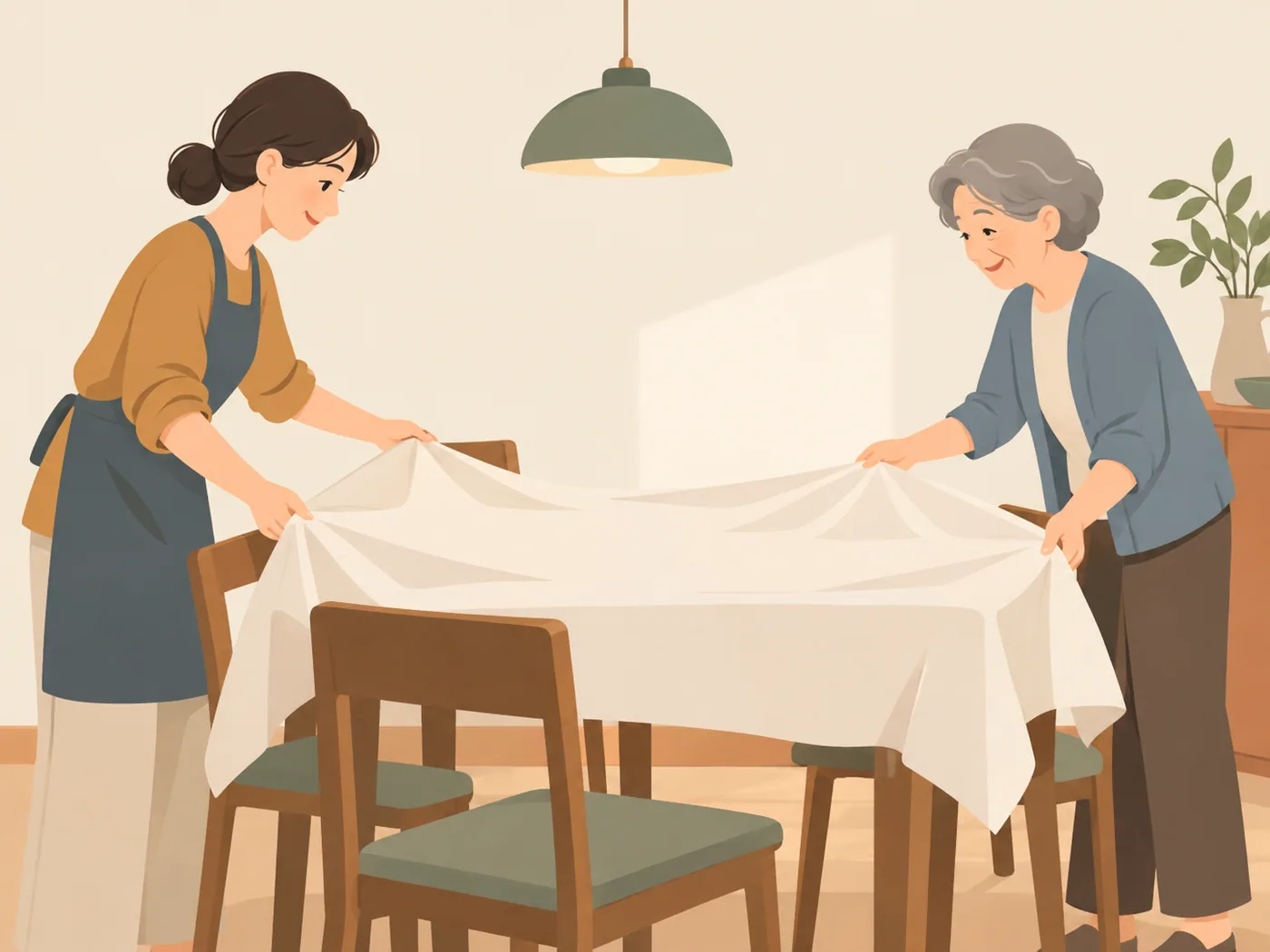 成年女性与银灰发年长女性各持桌布两角,共同将桌布铺在餐桌上。