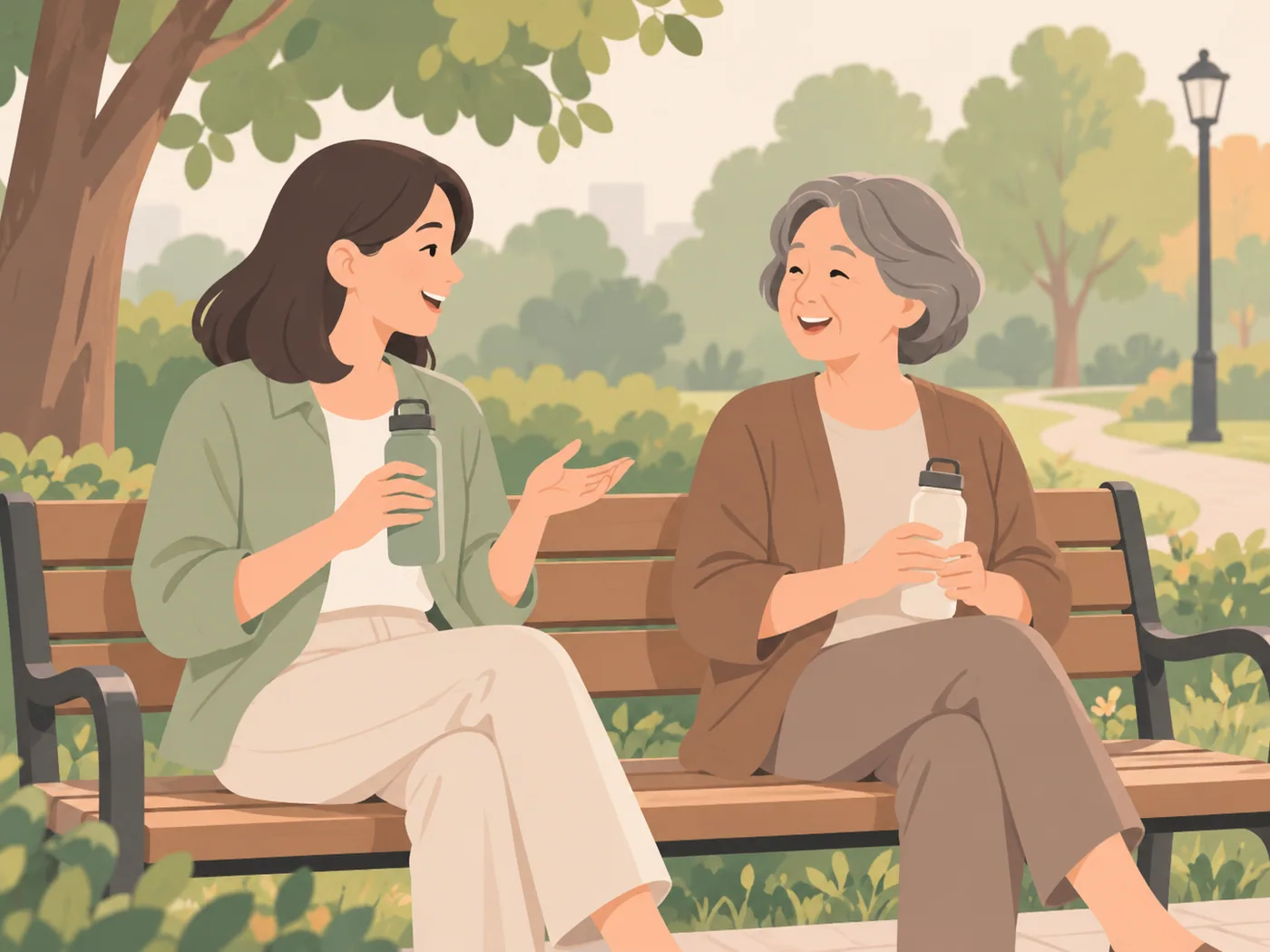 成年女性与灰发年长女性坐在公园长凳上，一位一手拿水壶、另一手展开表达，另一位两手握水壶，双方微笑相视。