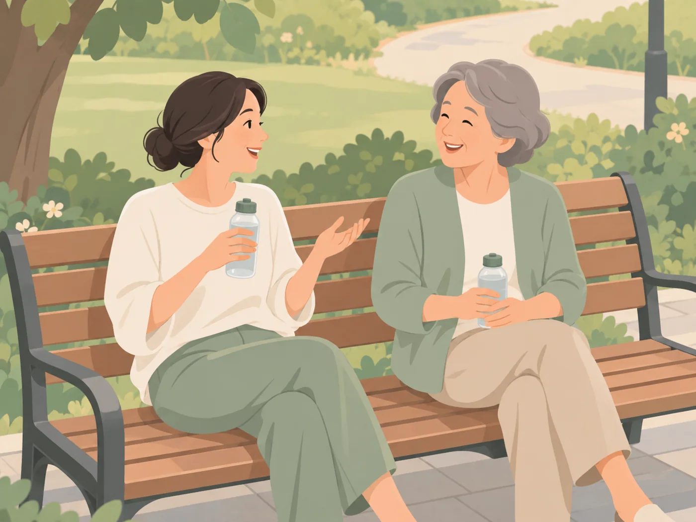 成年女性与年长女性坐在公园长椅上,各拿着水瓶微笑聊天。