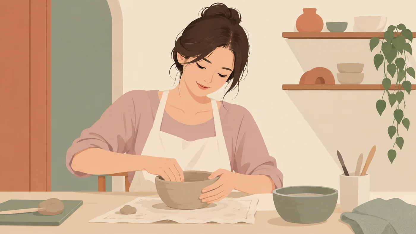 穿围裙的成年女性在桌边,一只手放在陶土碗内部,另一只手扶着碗边,桌上有陶土、工具和水碗。
