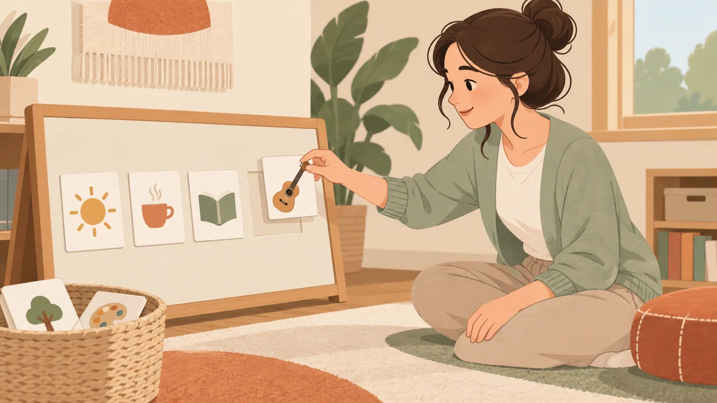 成年女性把吉他图卡放到无字活动板上,板上另有书和杯子等图案。