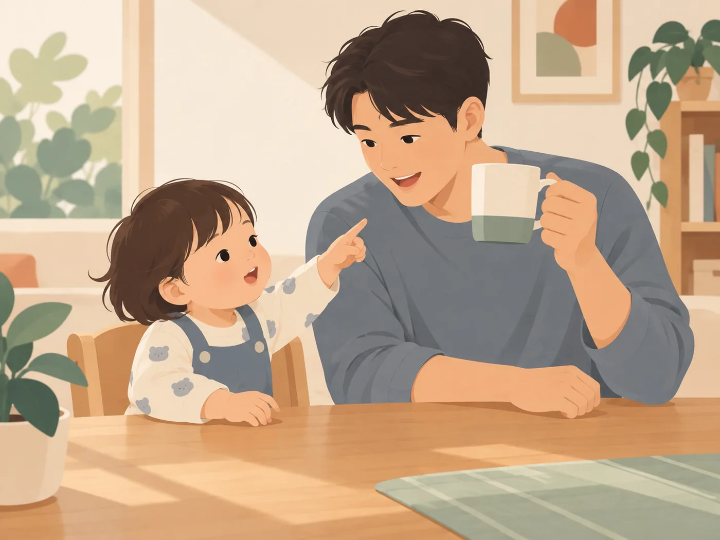 父亲举起杯子与幼童互动，孩子指认物件