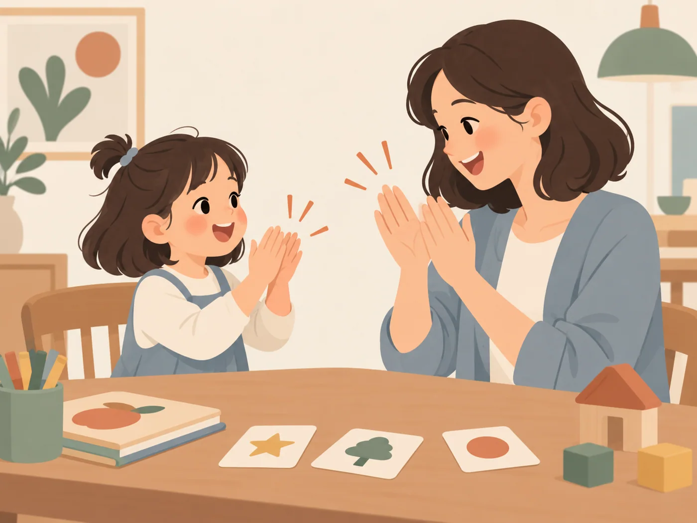 母亲与女孩面对面拍手张口，节奏互动明确，无文字