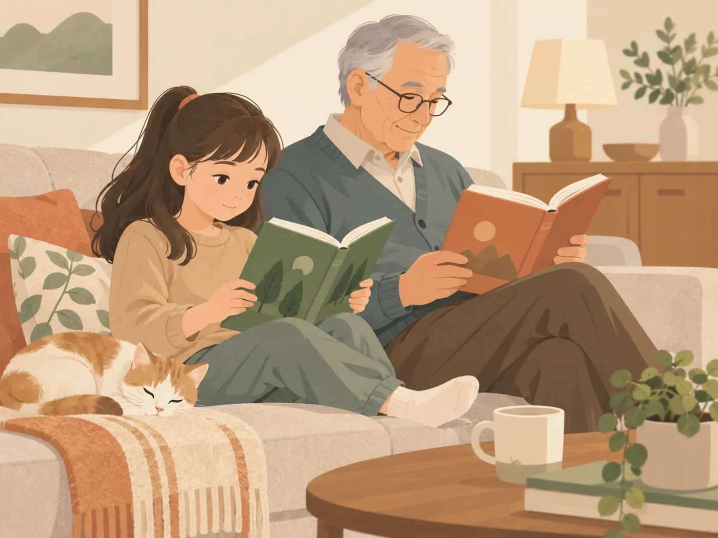 女孩与灰发年长男性并排坐在沙发上，各自双手拿书阅读。