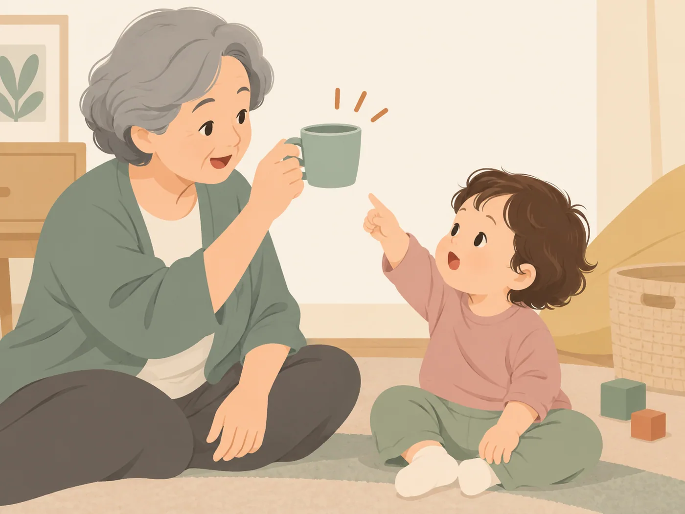 祖母举起杯子与幼儿互动，宝宝指物