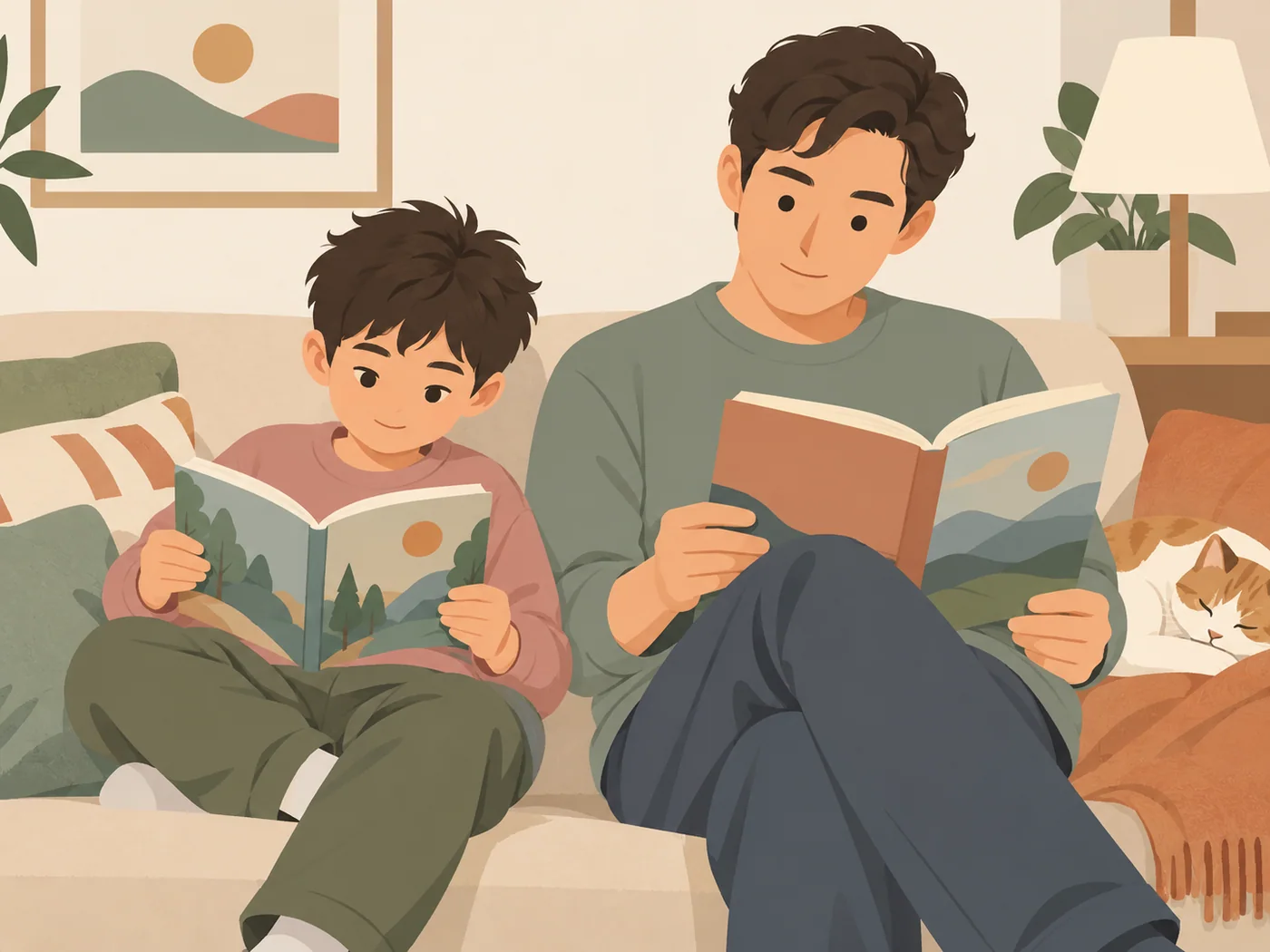 男孩与成年男性坐在沙发上，各自双手拿着一本图画书阅读，旁边有一只休息的猫。