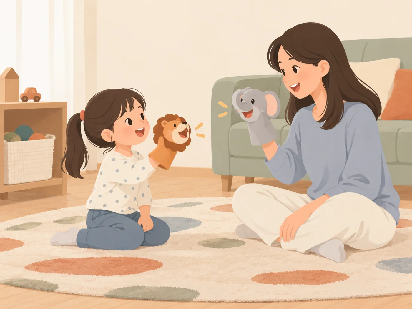 幼年女孩与成年女性坐在地毯上,分别戴着狮子和大象手偶面对面交流