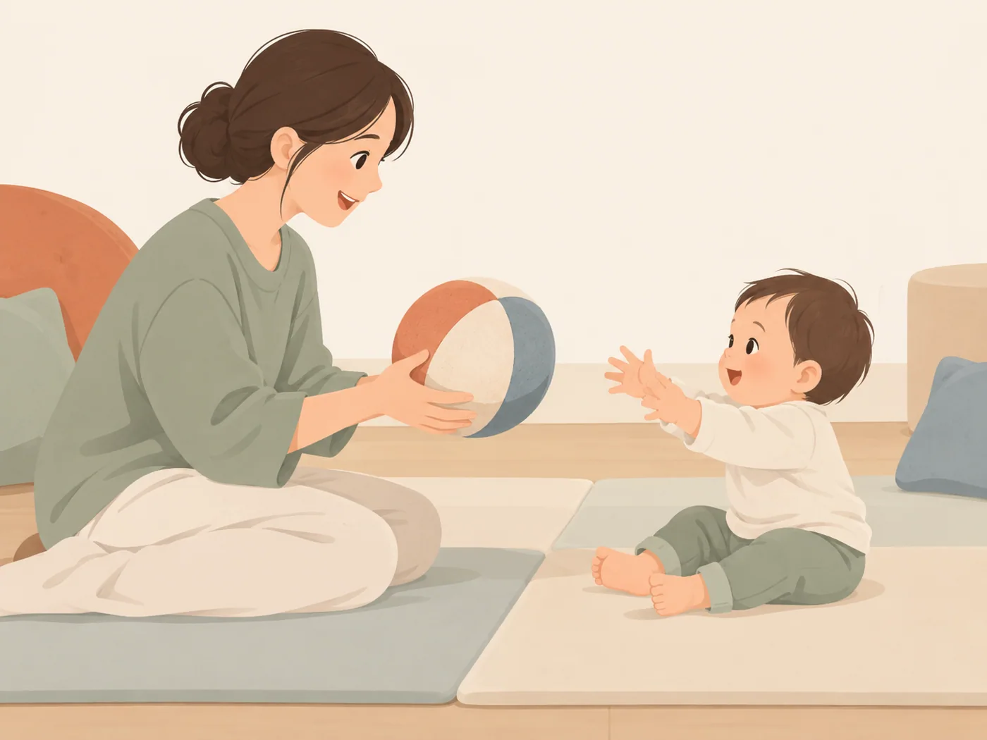 幼儿坐在软垫上双手伸向彩色球，成年女性在对面双手捧球