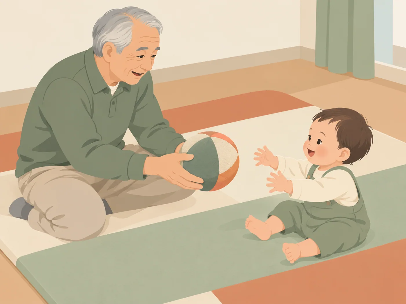 宝宝坐在软地垫上伸出两手，灰发年长男性坐在对面两手托大布球，面向宝宝。