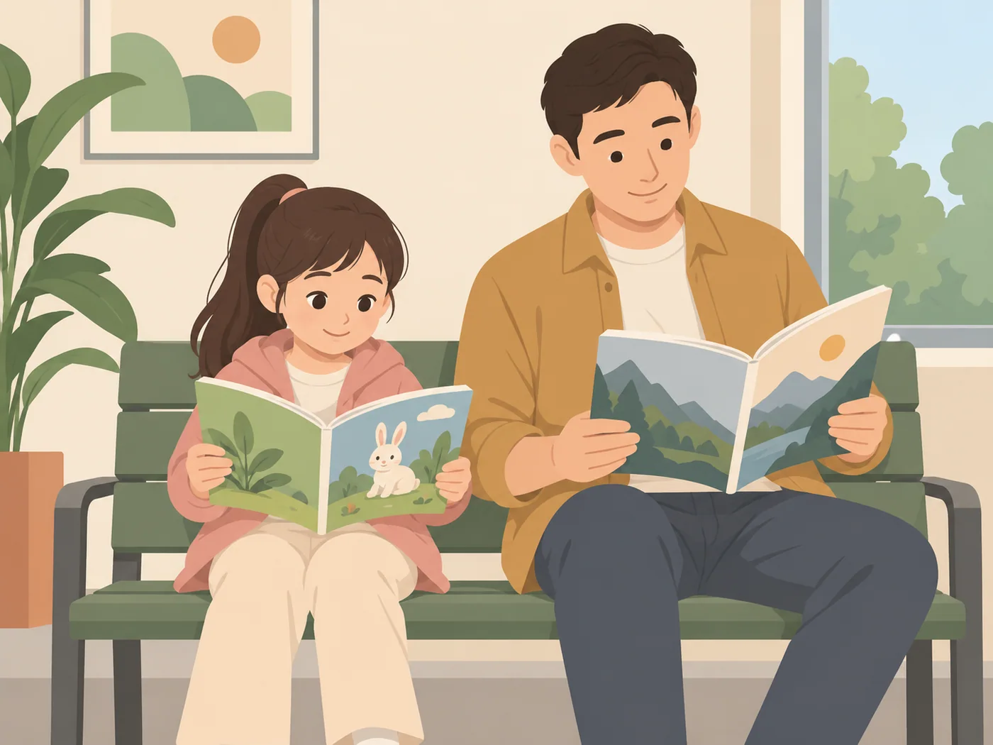 女孩与成年男性并排坐在长凳,各两手看一本书,女孩的书有兔子植物画,男性的书有山景画。